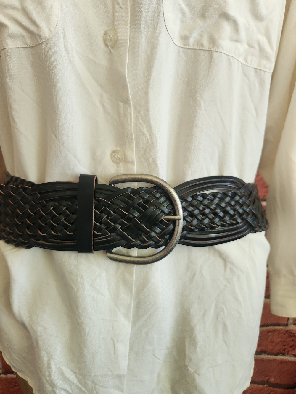 Woven Black Leather Belt with Silver Buckle - Picture 6 of 6